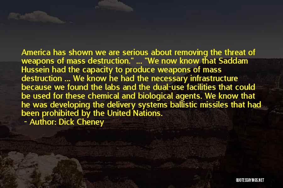 Dick Cheney Quotes: America Has Shown We Are Serious About Removing The Threat Of Weapons Of Mass Destruction. ... We Now Know That