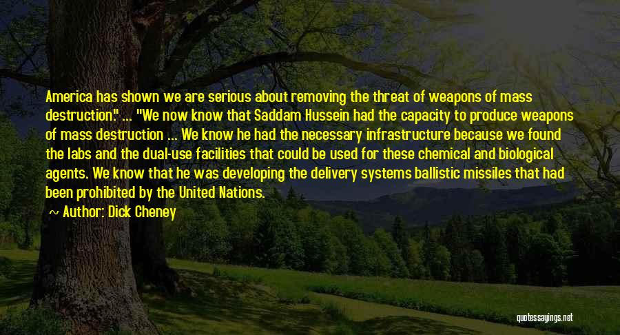 Dick Cheney Quotes: America Has Shown We Are Serious About Removing The Threat Of Weapons Of Mass Destruction. ... We Now Know That