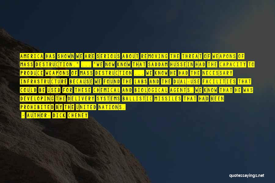 Dick Cheney Quotes: America Has Shown We Are Serious About Removing The Threat Of Weapons Of Mass Destruction. ... We Now Know That