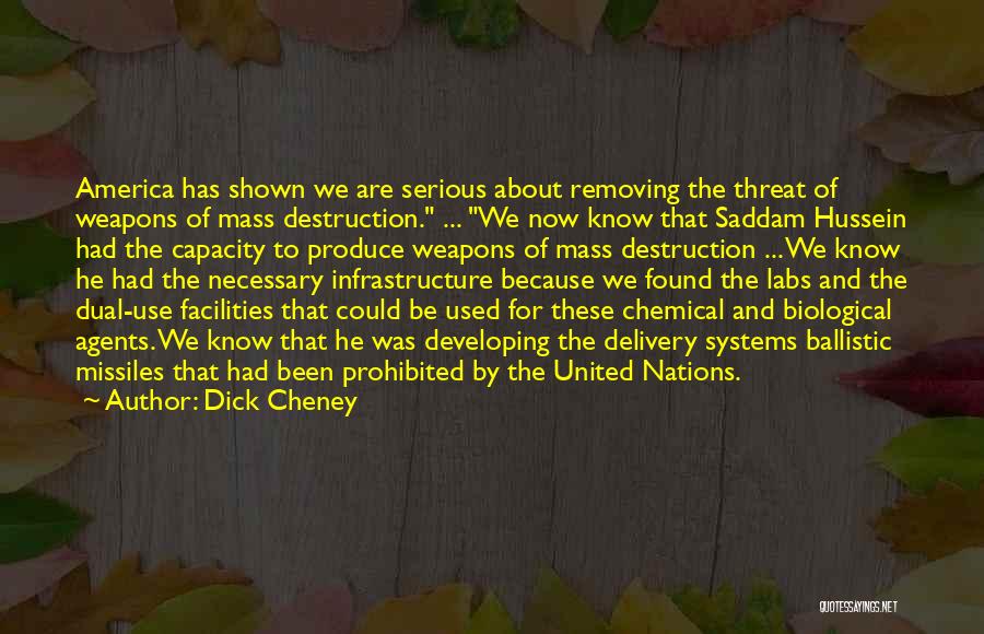 Dick Cheney Quotes: America Has Shown We Are Serious About Removing The Threat Of Weapons Of Mass Destruction. ... We Now Know That