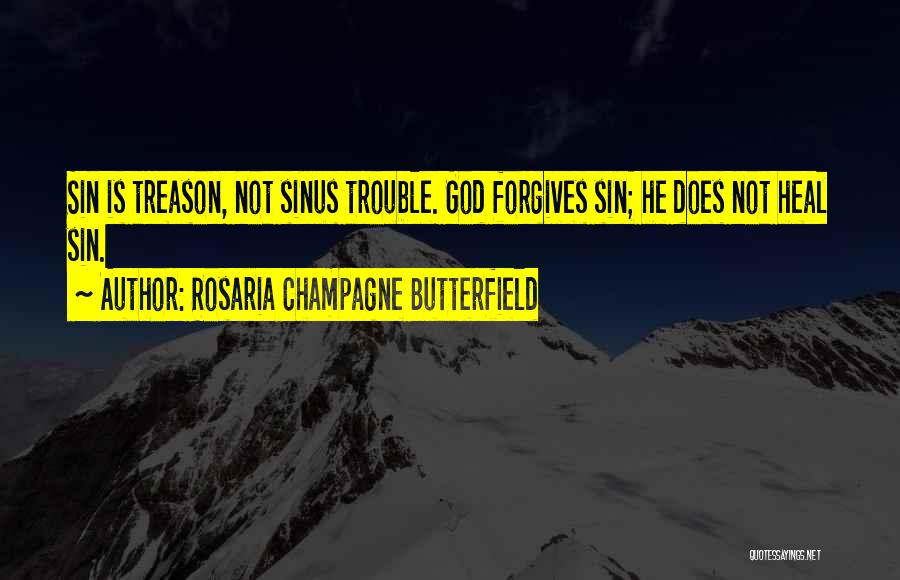 Rosaria Champagne Butterfield Quotes: Sin Is Treason, Not Sinus Trouble. God Forgives Sin; He Does Not Heal Sin.