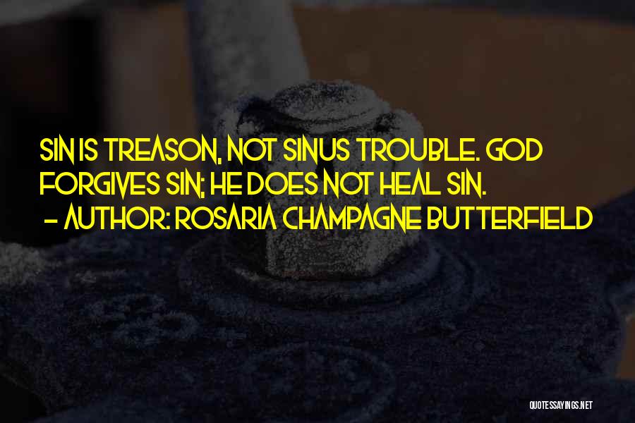 Rosaria Champagne Butterfield Quotes: Sin Is Treason, Not Sinus Trouble. God Forgives Sin; He Does Not Heal Sin.