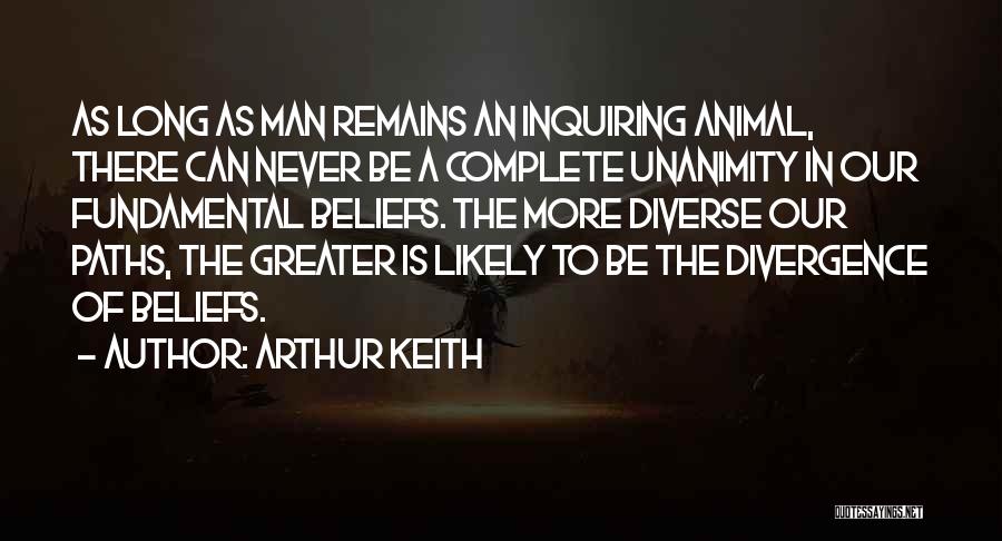 Arthur Keith Quotes: As Long As Man Remains An Inquiring Animal, There Can Never Be A Complete Unanimity In Our Fundamental Beliefs. The