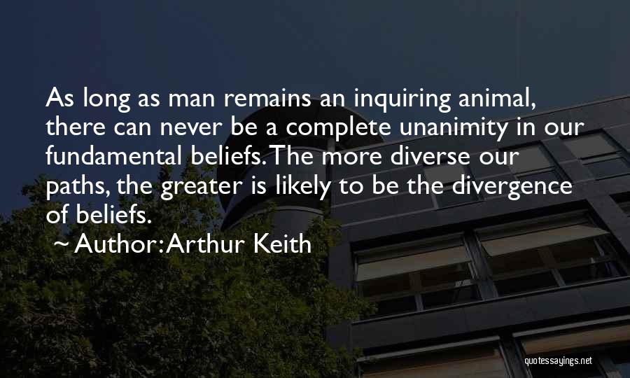 Arthur Keith Quotes: As Long As Man Remains An Inquiring Animal, There Can Never Be A Complete Unanimity In Our Fundamental Beliefs. The