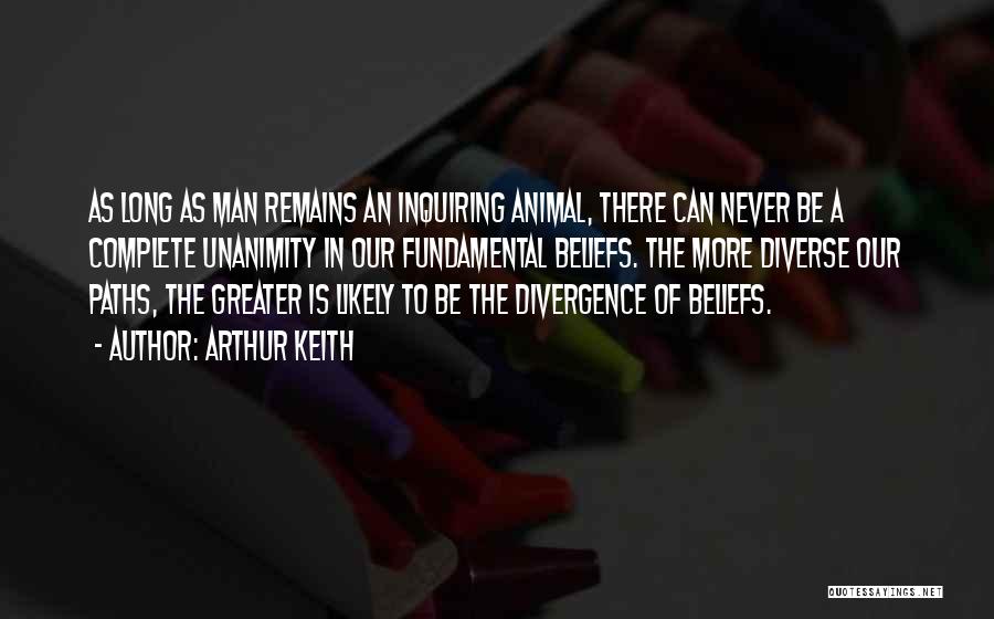 Arthur Keith Quotes: As Long As Man Remains An Inquiring Animal, There Can Never Be A Complete Unanimity In Our Fundamental Beliefs. The