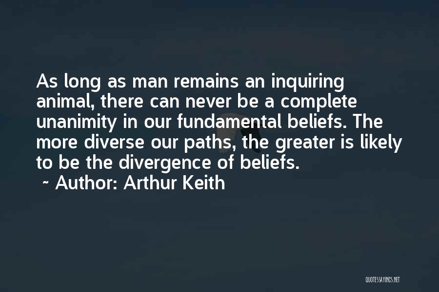 Arthur Keith Quotes: As Long As Man Remains An Inquiring Animal, There Can Never Be A Complete Unanimity In Our Fundamental Beliefs. The