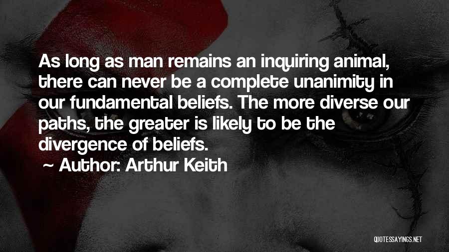 Arthur Keith Quotes: As Long As Man Remains An Inquiring Animal, There Can Never Be A Complete Unanimity In Our Fundamental Beliefs. The