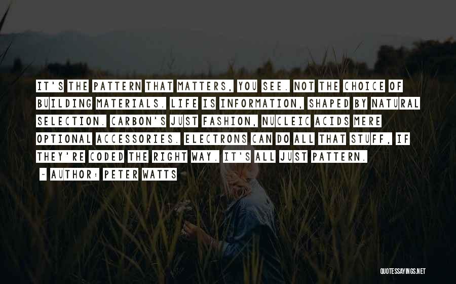 Peter Watts Quotes: It's The Pattern That Matters, You See. Not The Choice Of Building Materials. Life Is Information, Shaped By Natural Selection.