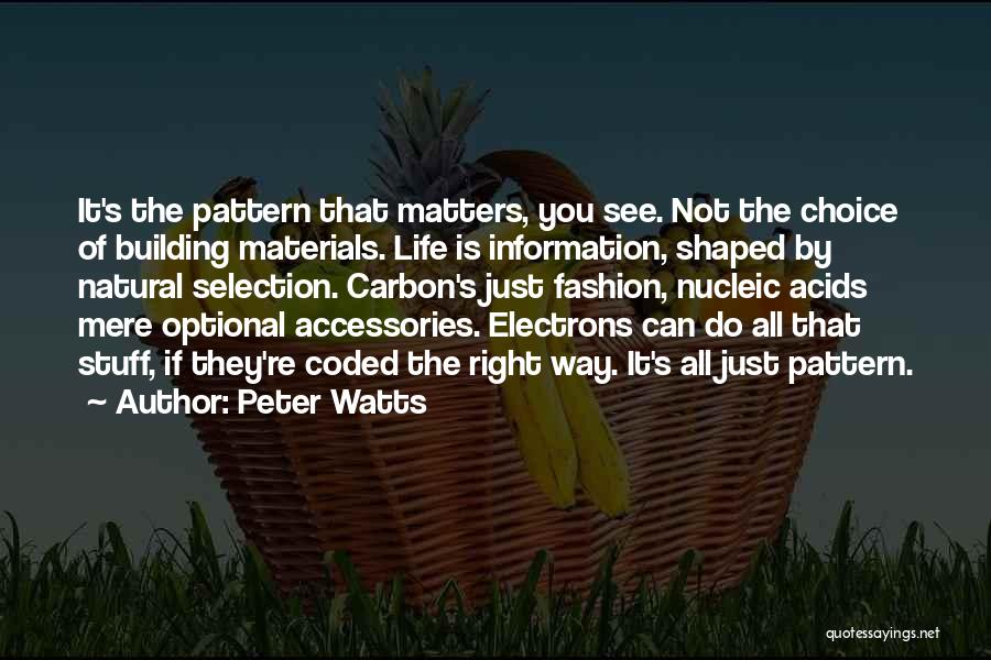 Peter Watts Quotes: It's The Pattern That Matters, You See. Not The Choice Of Building Materials. Life Is Information, Shaped By Natural Selection.