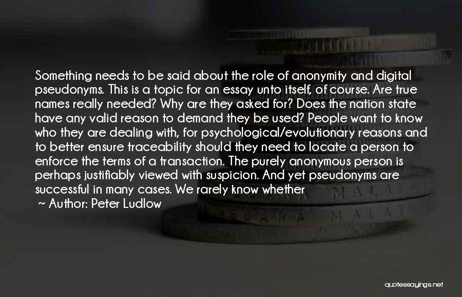 Peter Ludlow Quotes: Something Needs To Be Said About The Role Of Anonymity And Digital Pseudonyms. This Is A Topic For An Essay