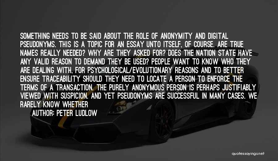 Peter Ludlow Quotes: Something Needs To Be Said About The Role Of Anonymity And Digital Pseudonyms. This Is A Topic For An Essay