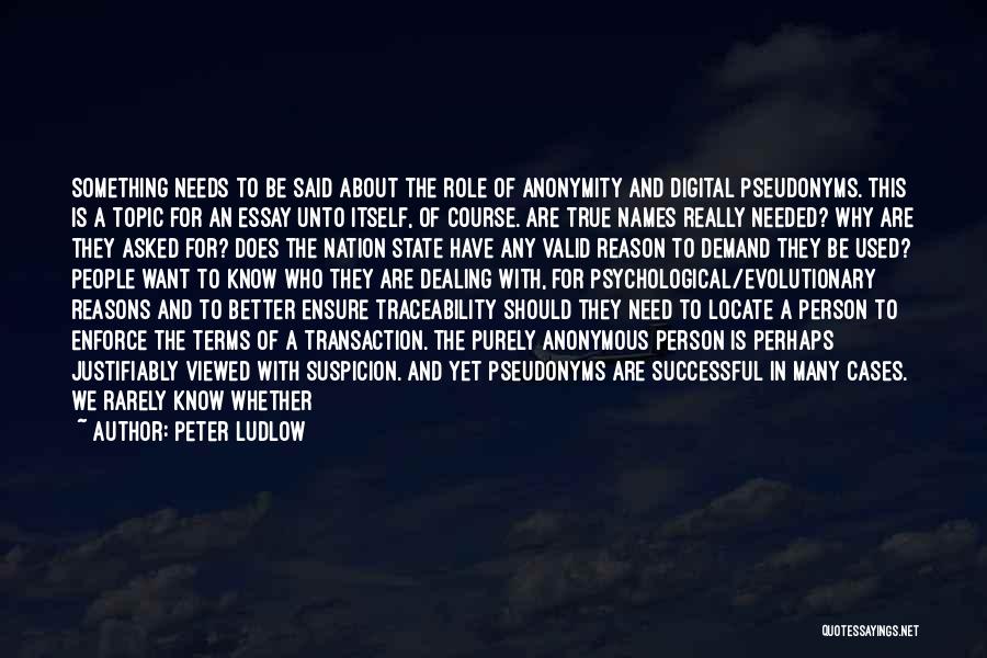 Peter Ludlow Quotes: Something Needs To Be Said About The Role Of Anonymity And Digital Pseudonyms. This Is A Topic For An Essay