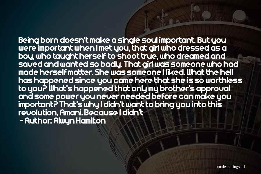 Alwyn Hamilton Quotes: Being Born Doesn't Make A Single Soul Important. But You Were Important When I Met You, That Girl Who Dressed