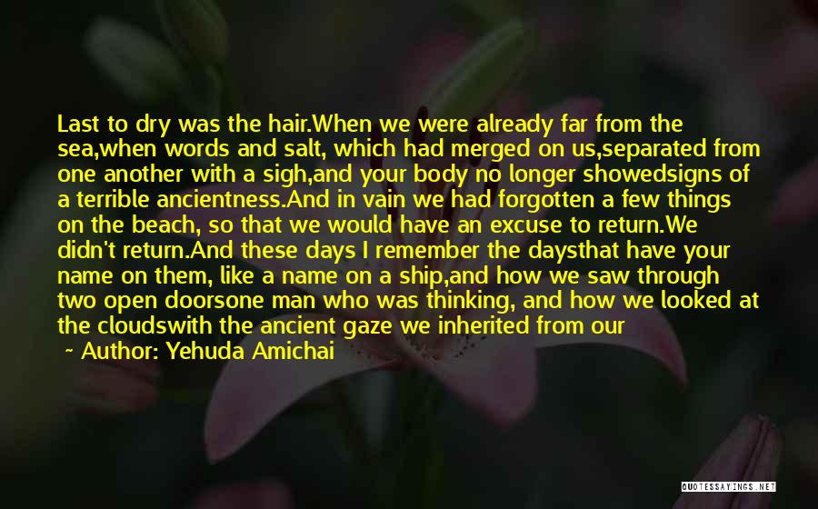 Yehuda Amichai Quotes: Last To Dry Was The Hair.when We Were Already Far From The Sea,when Words And Salt, Which Had Merged On