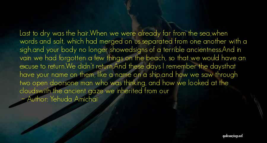 Yehuda Amichai Quotes: Last To Dry Was The Hair.when We Were Already Far From The Sea,when Words And Salt, Which Had Merged On