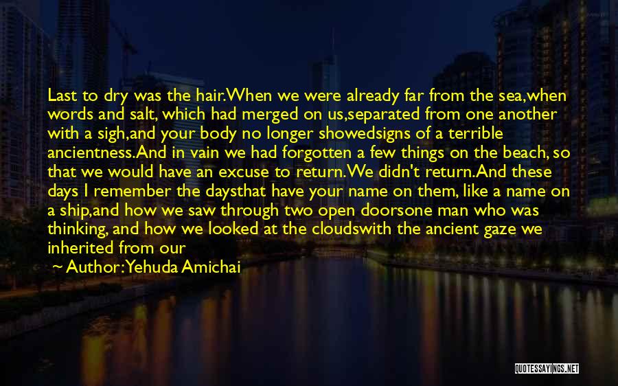 Yehuda Amichai Quotes: Last To Dry Was The Hair.when We Were Already Far From The Sea,when Words And Salt, Which Had Merged On