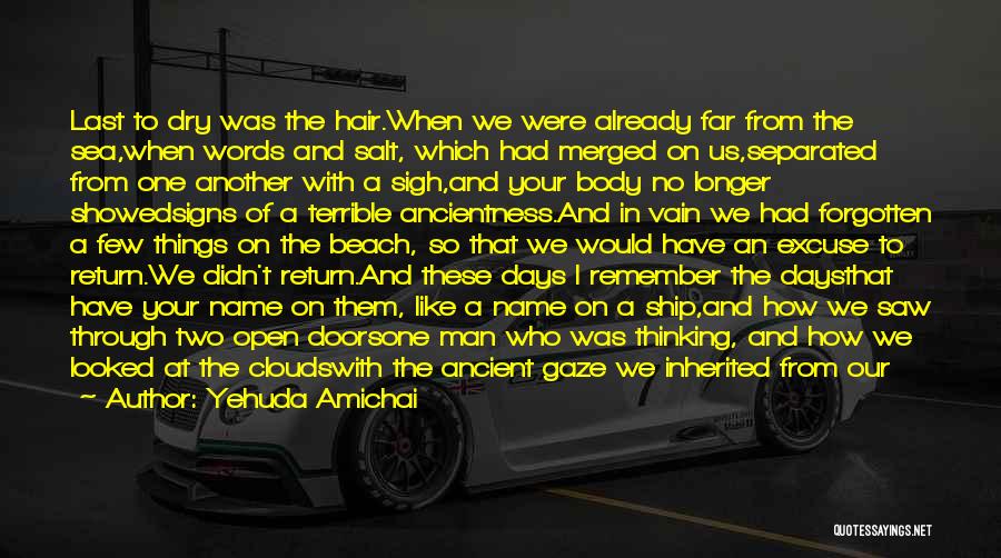 Yehuda Amichai Quotes: Last To Dry Was The Hair.when We Were Already Far From The Sea,when Words And Salt, Which Had Merged On