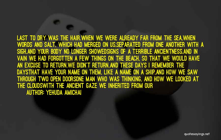 Yehuda Amichai Quotes: Last To Dry Was The Hair.when We Were Already Far From The Sea,when Words And Salt, Which Had Merged On