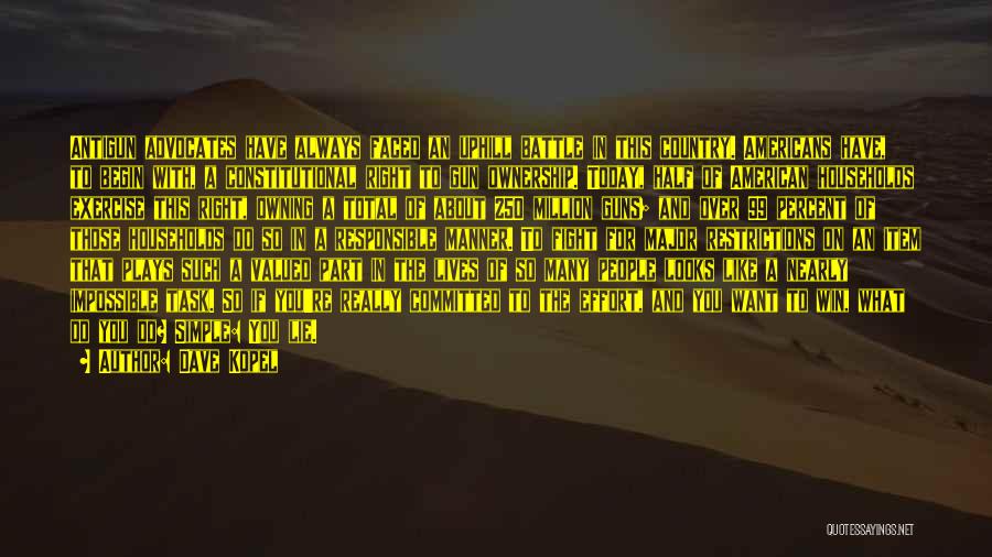 Dave Kopel Quotes: Antigun Advocates Have Always Faced An Uphill Battle In This Country. Americans Have, To Begin With, A Constitutional Right To