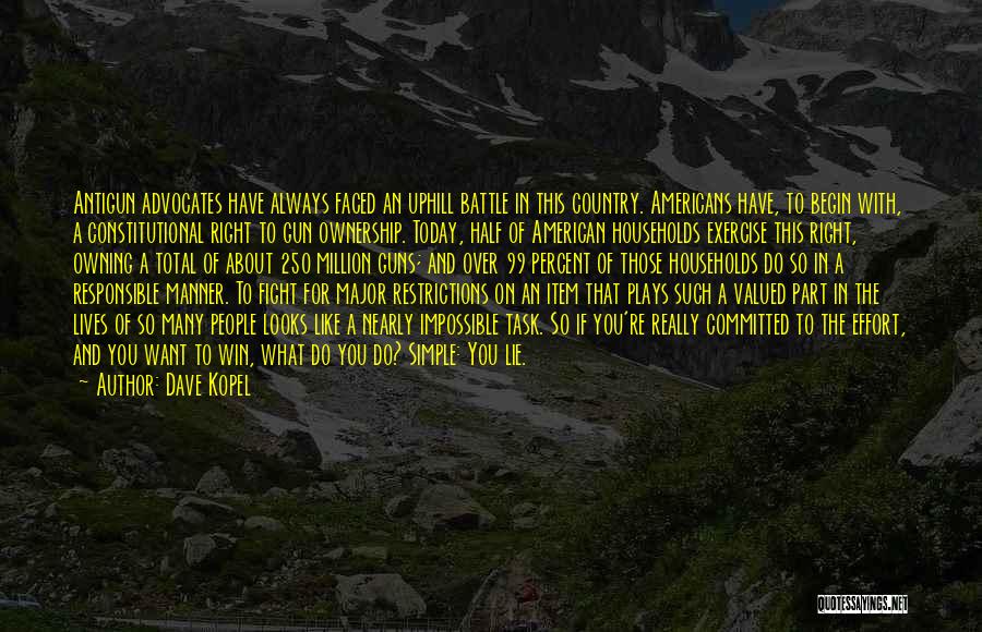 Dave Kopel Quotes: Antigun Advocates Have Always Faced An Uphill Battle In This Country. Americans Have, To Begin With, A Constitutional Right To