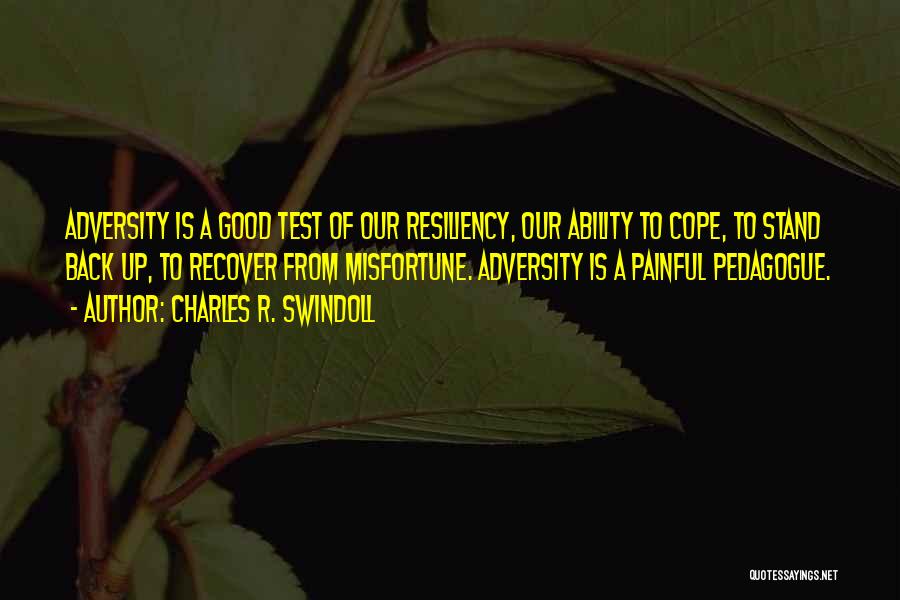 Charles R. Swindoll Quotes: Adversity Is A Good Test Of Our Resiliency, Our Ability To Cope, To Stand Back Up, To Recover From Misfortune.