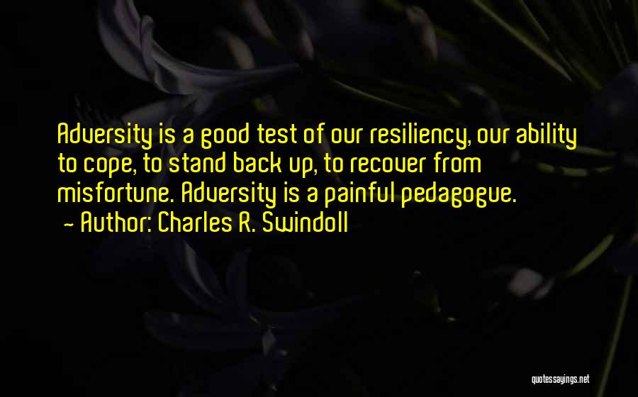 Charles R. Swindoll Quotes: Adversity Is A Good Test Of Our Resiliency, Our Ability To Cope, To Stand Back Up, To Recover From Misfortune.