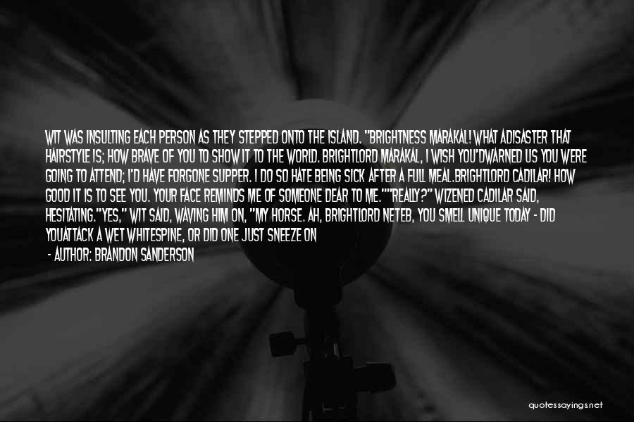 Brandon Sanderson Quotes: Wit Was Insulting Each Person As They Stepped Onto The Island. Brightness Marakal! What Adisaster That Hairstyle Is; How Brave