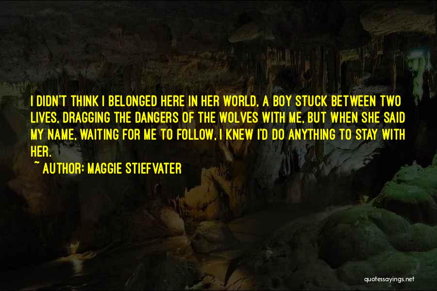 Maggie Stiefvater Quotes: I Didn't Think I Belonged Here In Her World, A Boy Stuck Between Two Lives, Dragging The Dangers Of The