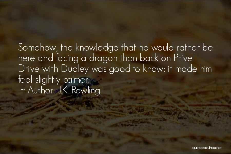 J.K. Rowling Quotes: Somehow, The Knowledge That He Would Rather Be Here And Facing A Dragon Than Back On Privet Drive With Dudley