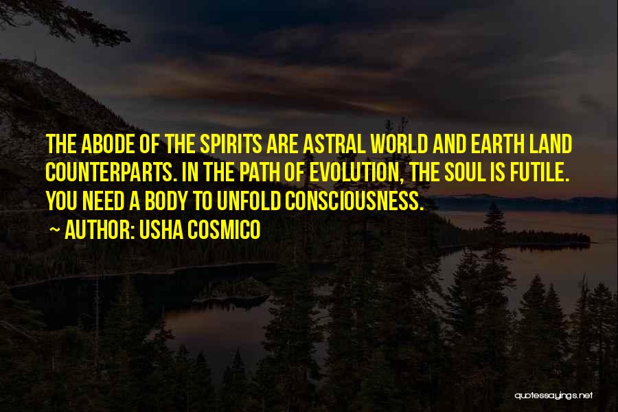 Usha Cosmico Quotes: The Abode Of The Spirits Are Astral World And Earth Land Counterparts. In The Path Of Evolution, The Soul Is