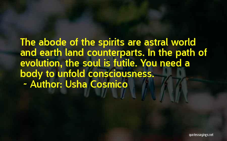 Usha Cosmico Quotes: The Abode Of The Spirits Are Astral World And Earth Land Counterparts. In The Path Of Evolution, The Soul Is