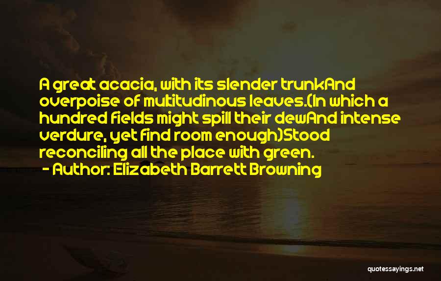 Elizabeth Barrett Browning Quotes: A Great Acacia, With Its Slender Trunkand Overpoise Of Multitudinous Leaves.(in Which A Hundred Fields Might Spill Their Dewand Intense