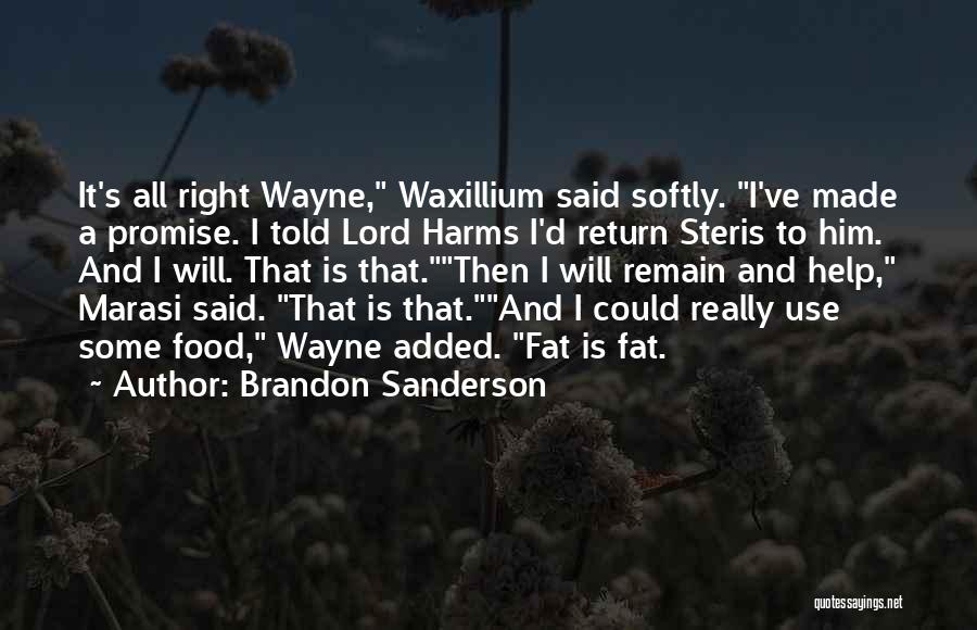 Brandon Sanderson Quotes: It's All Right Wayne, Waxillium Said Softly. I've Made A Promise. I Told Lord Harms I'd Return Steris To Him.