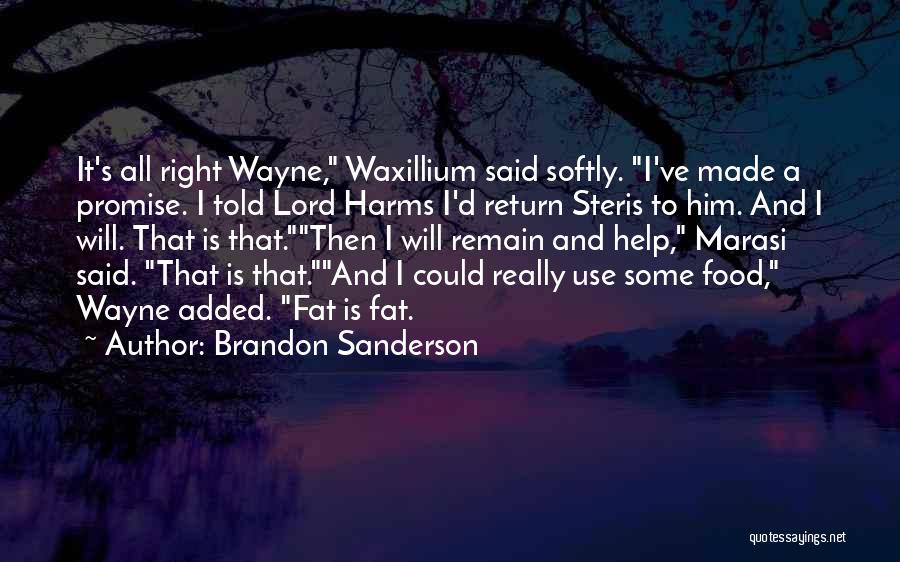 Brandon Sanderson Quotes: It's All Right Wayne, Waxillium Said Softly. I've Made A Promise. I Told Lord Harms I'd Return Steris To Him.