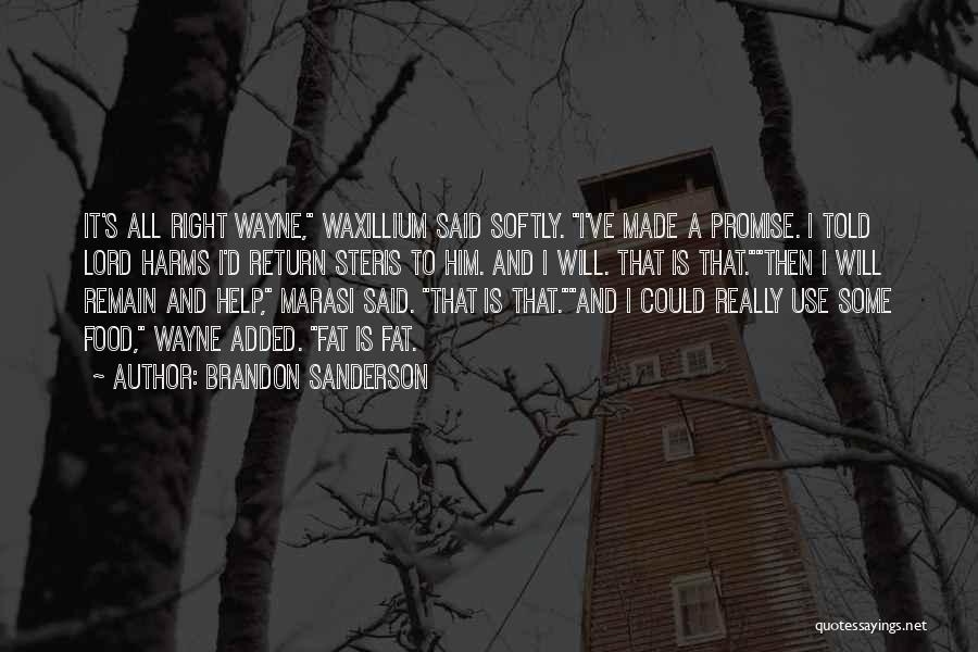 Brandon Sanderson Quotes: It's All Right Wayne, Waxillium Said Softly. I've Made A Promise. I Told Lord Harms I'd Return Steris To Him.