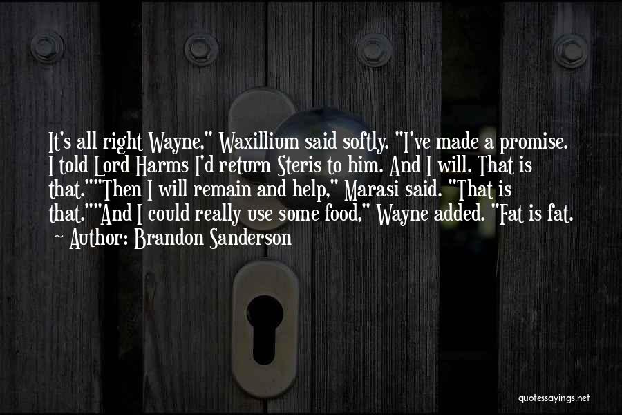 Brandon Sanderson Quotes: It's All Right Wayne, Waxillium Said Softly. I've Made A Promise. I Told Lord Harms I'd Return Steris To Him.