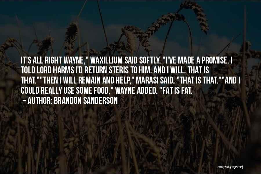 Brandon Sanderson Quotes: It's All Right Wayne, Waxillium Said Softly. I've Made A Promise. I Told Lord Harms I'd Return Steris To Him.