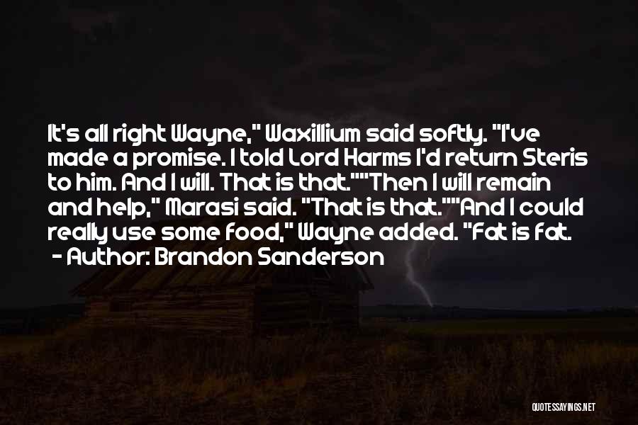 Brandon Sanderson Quotes: It's All Right Wayne, Waxillium Said Softly. I've Made A Promise. I Told Lord Harms I'd Return Steris To Him.