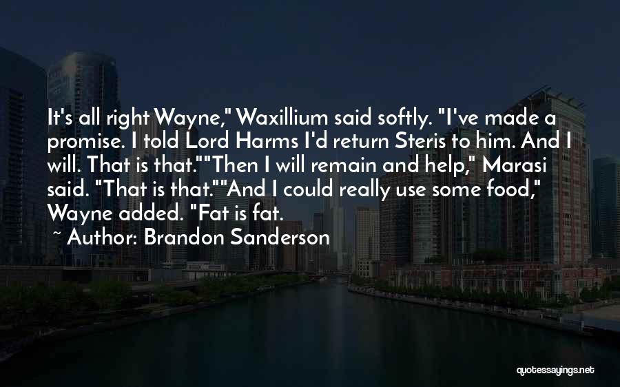 Brandon Sanderson Quotes: It's All Right Wayne, Waxillium Said Softly. I've Made A Promise. I Told Lord Harms I'd Return Steris To Him.