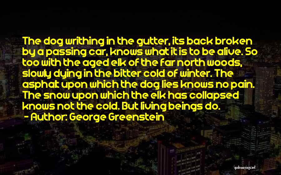 George Greenstein Quotes: The Dog Writhing In The Gutter, Its Back Broken By A Passing Car, Knows What It Is To Be Alive.