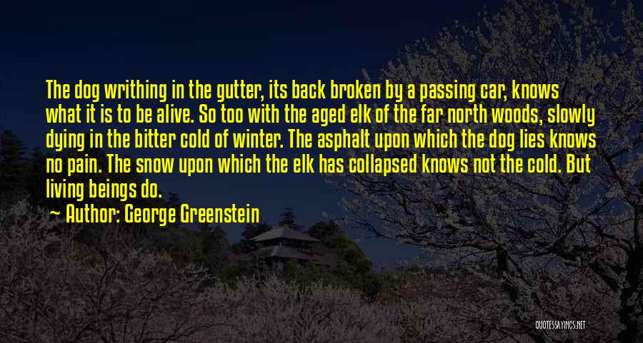 George Greenstein Quotes: The Dog Writhing In The Gutter, Its Back Broken By A Passing Car, Knows What It Is To Be Alive.