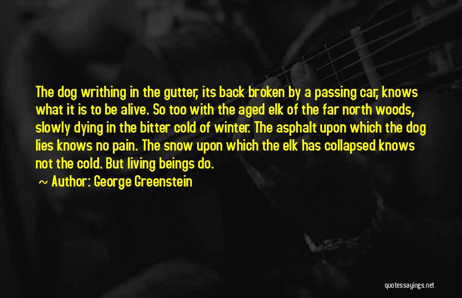 George Greenstein Quotes: The Dog Writhing In The Gutter, Its Back Broken By A Passing Car, Knows What It Is To Be Alive.