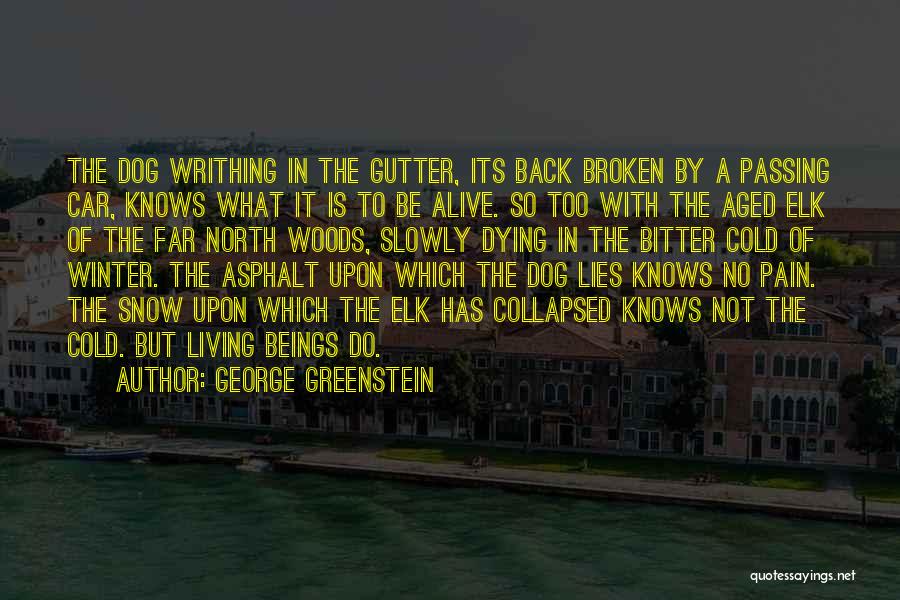 George Greenstein Quotes: The Dog Writhing In The Gutter, Its Back Broken By A Passing Car, Knows What It Is To Be Alive.