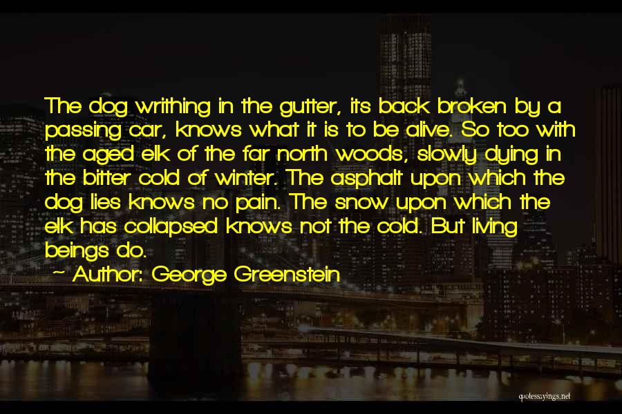 George Greenstein Quotes: The Dog Writhing In The Gutter, Its Back Broken By A Passing Car, Knows What It Is To Be Alive.