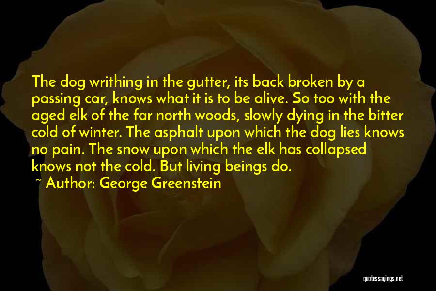 George Greenstein Quotes: The Dog Writhing In The Gutter, Its Back Broken By A Passing Car, Knows What It Is To Be Alive.
