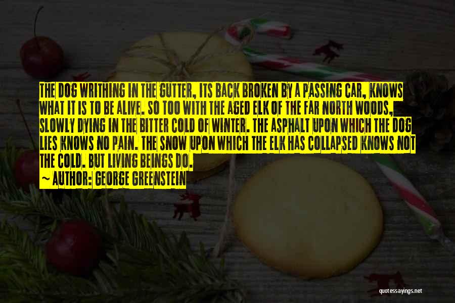 George Greenstein Quotes: The Dog Writhing In The Gutter, Its Back Broken By A Passing Car, Knows What It Is To Be Alive.