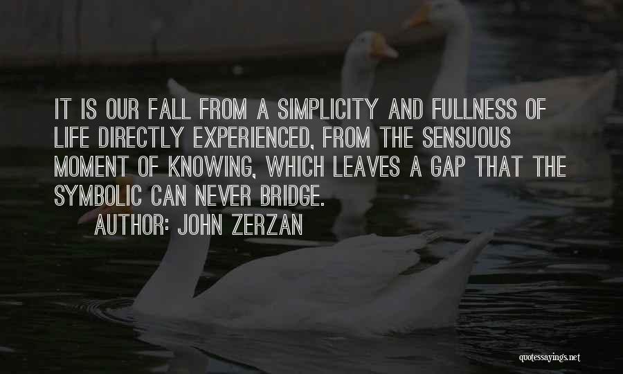 John Zerzan Quotes: It Is Our Fall From A Simplicity And Fullness Of Life Directly Experienced, From The Sensuous Moment Of Knowing, Which