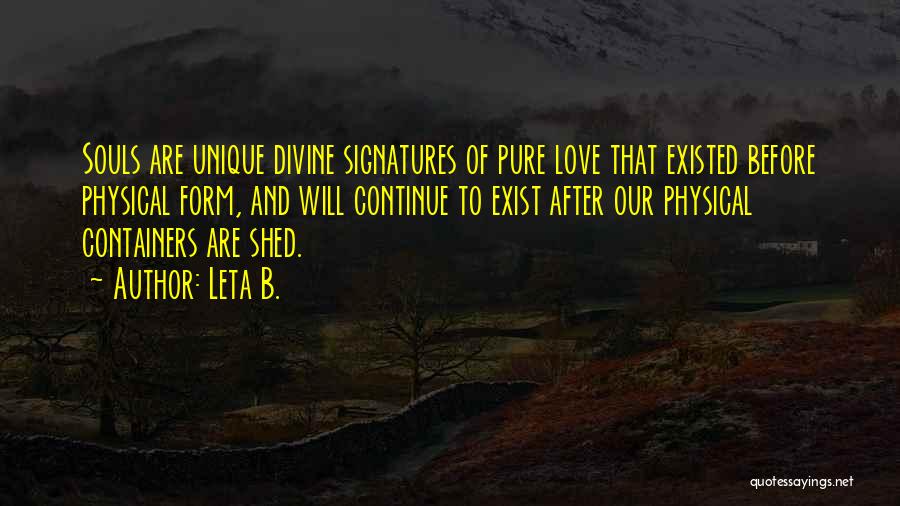 Leta B. Quotes: Souls Are Unique Divine Signatures Of Pure Love That Existed Before Physical Form, And Will Continue To Exist After Our