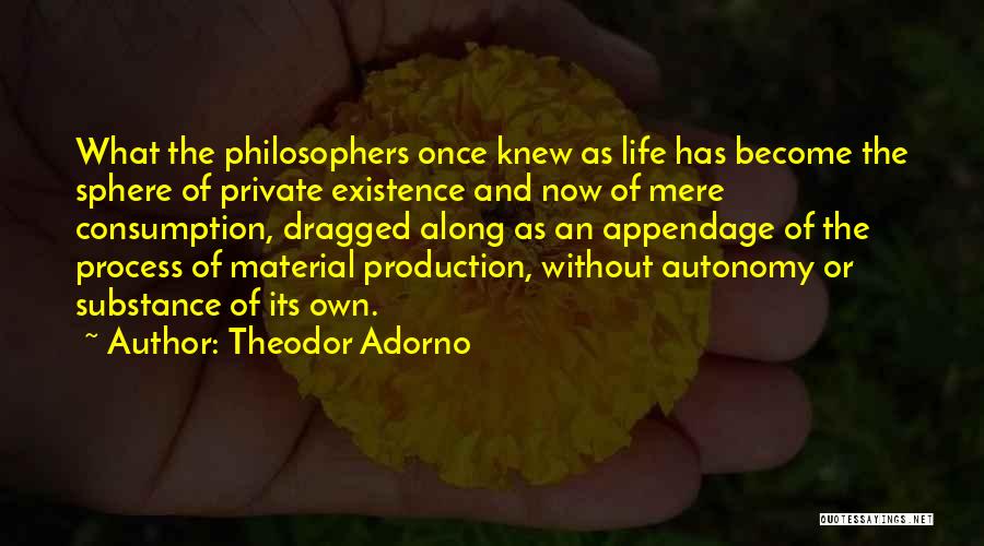 Theodor Adorno Quotes: What The Philosophers Once Knew As Life Has Become The Sphere Of Private Existence And Now Of Mere Consumption, Dragged