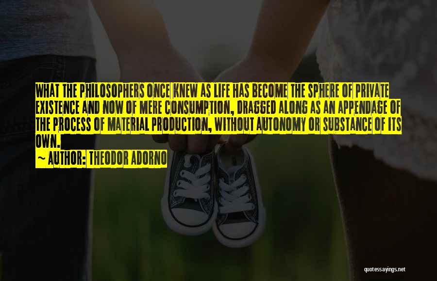 Theodor Adorno Quotes: What The Philosophers Once Knew As Life Has Become The Sphere Of Private Existence And Now Of Mere Consumption, Dragged